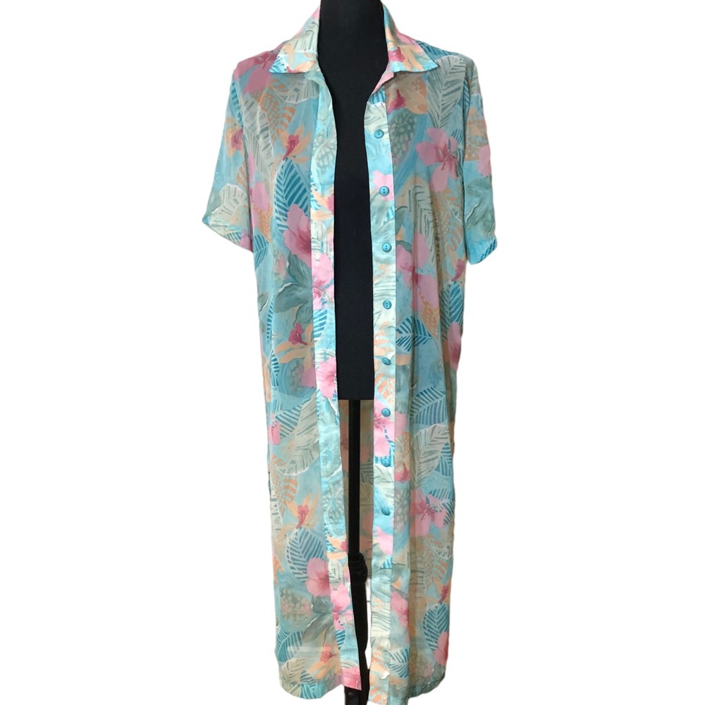 Vintage tropical floral print semi-sheer shirt dress duster swim cover S…